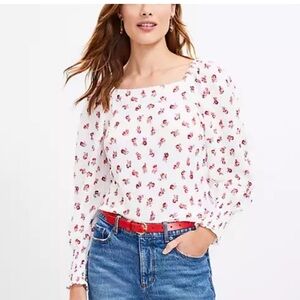LOFT White Floral Blouse with Red Accents